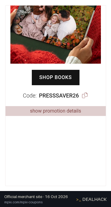 Screenshot of Mpix's website on Oct 16, 2026 showing the "20% Off Photo Books & Albums" offer