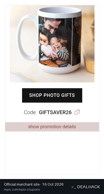 Screenshot of Mpix's website on Oct 16, 2026 showing the "Save 20% on All Photo Gifts at Mpix" offer