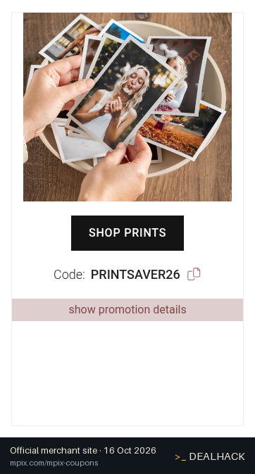 Screenshot of Mpix's website on Oct 16, 2026 showing the "10% Off Photographic & Giclée Prints" offer