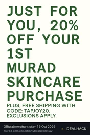 Screenshot of Murad's website on Oct 16, 2026 showing the "Get 20% Off Your First Murad Purchase and Free Shipping" offer