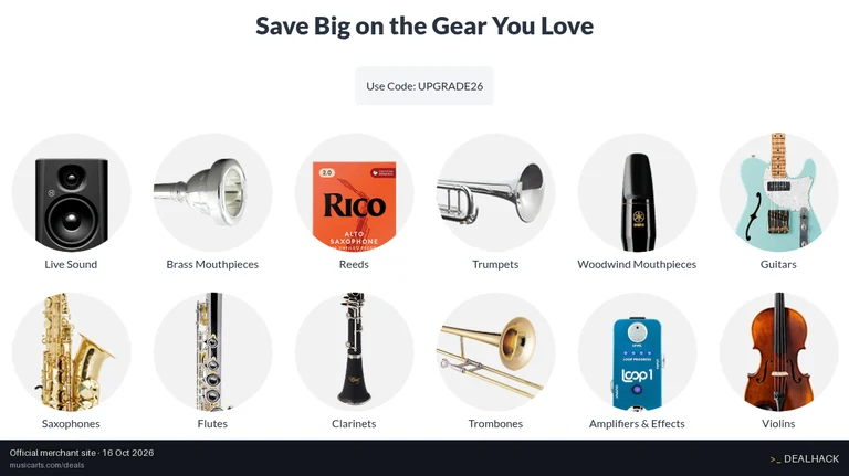 Screenshot of Music & Arts's website on Oct 16, 2026 showing the "Save 15% on Select Orders of $299+" offer