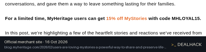 Screenshot of MyHeritage's website on Oct 16, 2026 showing the "Get 15% Off MyStories Purchases" offer