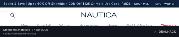 Screenshot of Nautica's website on Oct 17, 2026 showing the "20% Off Orders $125+ at Nautica" offer