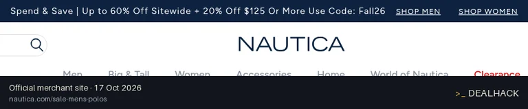 Screenshot of Nautica's website on Oct 17, 2026 showing the "20% Off Orders $125+ at Nautica" offer