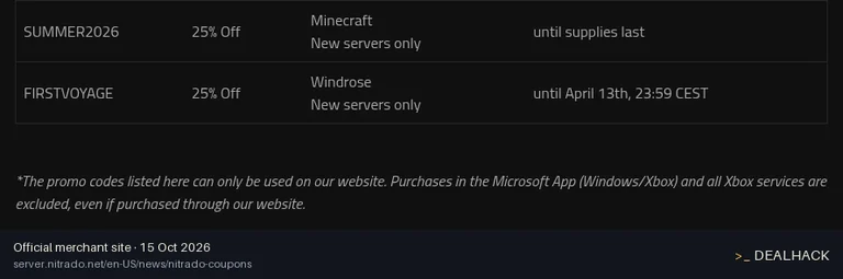 Screenshot of Nitrado's website on Oct 15, 2026 showing the "25% Off New Minecraft Servers" offer