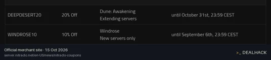 Screenshot of Nitrado's website on Oct 15, 2026 showing the "Save 20% on Dune: Awakening Server Extensions" offer
