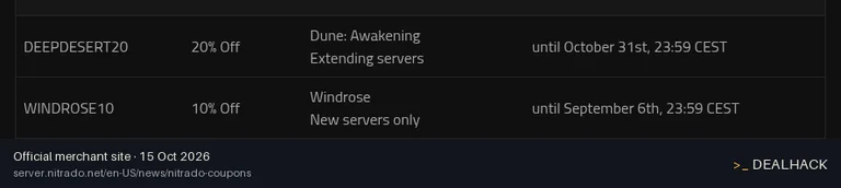 Screenshot of Nitrado's website on Oct 15, 2026 showing the "Save 20% on Dune: Awakening Server Extensions" offer