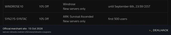 Screenshot of Nitrado's website on Oct 15, 2026 showing the "10% Off New ARK: Survival Ascended Servers" offer