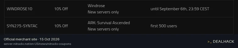 Screenshot of Nitrado's website on Oct 15, 2026 showing the "10% Off New ARK: Survival Ascended Servers" offer