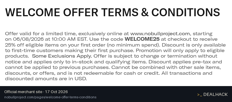 Screenshot of NOBULL's website on Oct 17, 2026 showing the "25% Off Your First NOBULL Order" offer