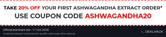 Screenshot of Nootropics Depot's website on Oct 17, 2026 showing the "Save 20% on Your First Ashwagandha Extract" offer