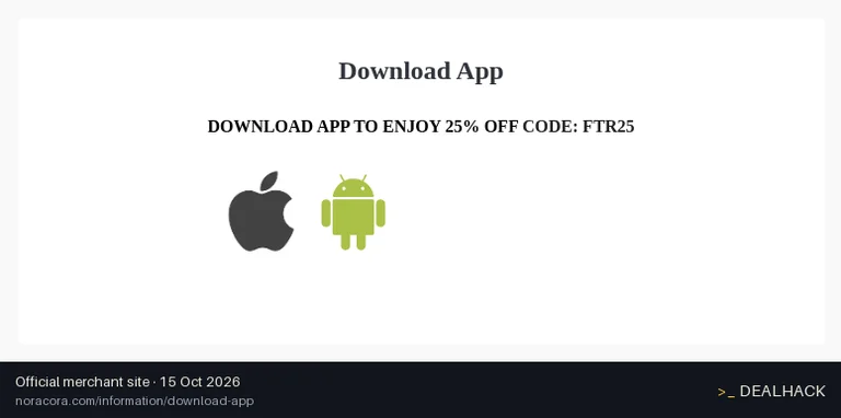 Screenshot of NORACORA's website on Oct 15, 2026 showing the "Get 25% Off Your First NORACORA App Purchase" offer
