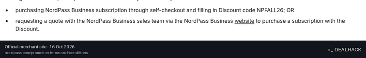Screenshot of NordPass's website on Oct 16, 2026 showing the "Save 10% Off NordPass Business or Enterprise Plans" offer