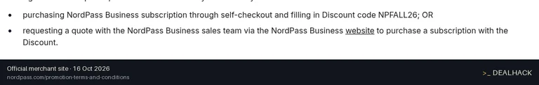 Screenshot of NordPass's website on Oct 16, 2026 showing the "Save 10% Off NordPass Business or Enterprise Plans" offer