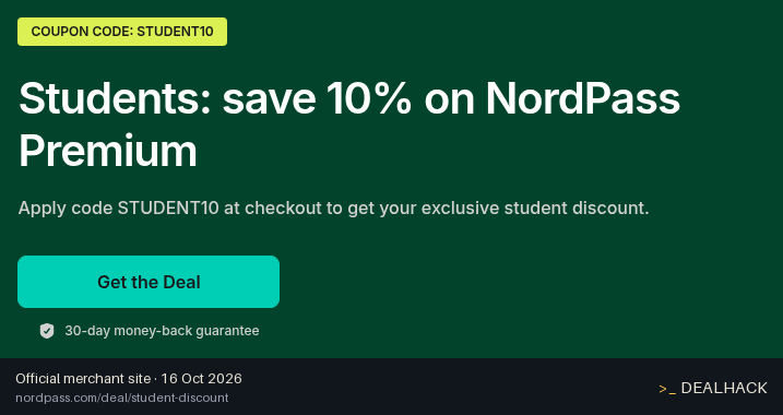 Screenshot of NordPass's website on Oct 16, 2026 showing the "Save 10% Off NordPass Premium for Students" offer