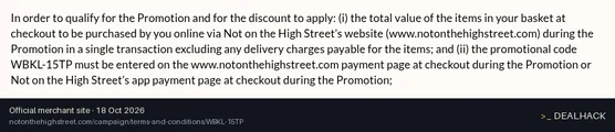 Screenshot of Not On The High Street's website on Oct 18, 2026 showing the "Save 15% Off Orders With Promo Code" offer