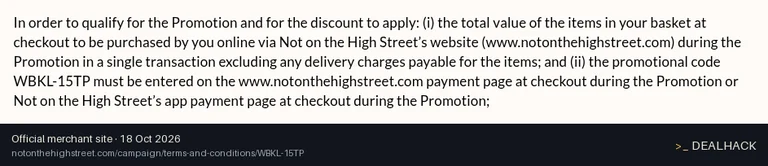 Screenshot of Not On The High Street's website on Oct 18, 2026 showing the "Save 15% Off Orders With Promo Code" offer