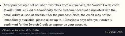 Screenshot of Nugget's website on Oct 17, 2026 showing the "Get $10 Shop Credit With Fabric Swatches" offer