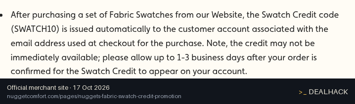 Screenshot of Nugget's website on Oct 17, 2026 showing the "Get $10 Shop Credit With Fabric Swatches" offer
