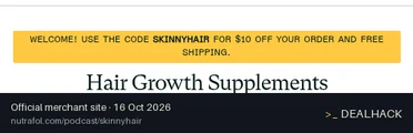Screenshot of Nutrafol's website on Oct 16, 2026 showing the "Save $10 and Get Free Shipping at Nutrafol" offer