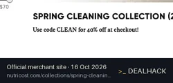 Screenshot of Nutricost's website on Oct 16, 2026 showing the "Save 40% Off Spring Cleaning Collection" offer