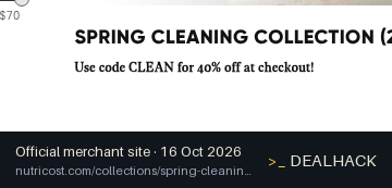 Screenshot of Nutricost's website on Oct 16, 2026 showing the "Save 40% Off Spring Cleaning Collection" offer