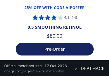 Screenshot of Obagi's website on Oct 17, 2026 showing the "Save 25% on Select Obagi Products" offer