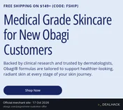 Screenshot of Obagi's website on Oct 17, 2026 showing the "Get Free Shipping on Orders $149+" offer