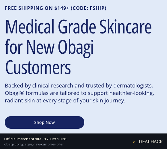 Screenshot of Obagi's website on Oct 17, 2026 showing the "Get Free Shipping on Orders $149+" offer