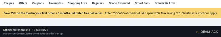 Screenshot of Ocado's website on Oct 17, 2026 showing the "Save 25% on Your First Ocado Shop + 3-Month Smart Pass" offer