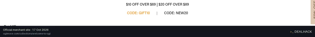 Screenshot of OGLmove's website on Oct 17, 2026 showing the "Get $20 Off Orders Over $89" offer