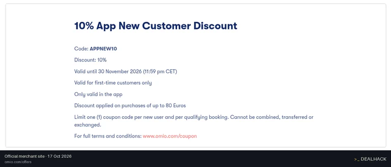 Screenshot of Omio's website on Oct 17, 2026 showing the "Save 10% on New Customer App Purchases" offer