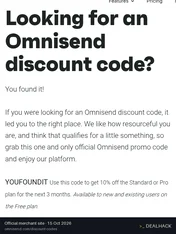 Screenshot of Omnisend's website on Oct 15, 2026 showing the "Get 10% Off Omnisend Standard or Pro for 3 Months" offer