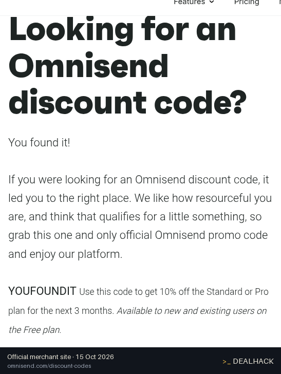 Screenshot of Omnisend's website on Oct 15, 2026 showing the "Get 10% Off Omnisend Standard or Pro for 3 Months" offer