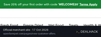 Screenshot of Open Farm's website on Oct 17, 2026 showing the "20% Off First Order Sitewide" offer
