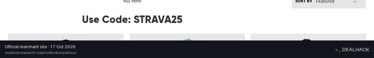 Screenshot of Outdoor Research's website on Oct 17, 2026 showing the "25% Off Full-Price Items for Strava Challenge" offer