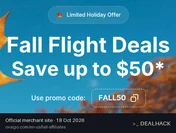 Screenshot of Ovago's website on Oct 18, 2026 showing the "Save Up to $50 on Fall Ovago Flights" offer