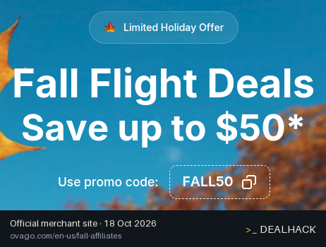 Screenshot of Ovago's website on Oct 18, 2026 showing the "Save Up to $50 on Fall Ovago Flights" offer