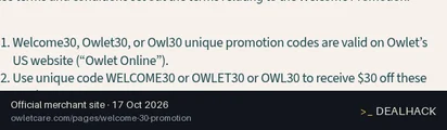 Screenshot of Owlet's website on Oct 17, 2026 showing the "Enjoy $30 Off Dream Duo (3rd Gen) or Dream Sock" offer