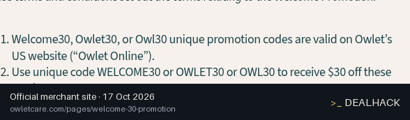 Screenshot of Owlet's website on Oct 17, 2026 showing the "Enjoy $30 Off Dream Duo (3rd Gen) or Dream Sock" offer