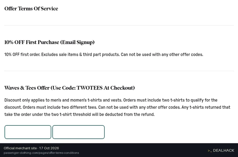 Screenshot of Passenger's website on Oct 17, 2026 showing the "15% Off Two or More Tees and Vests" offer