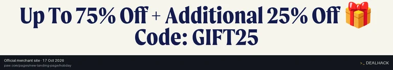 Screenshot of Paw.com's website on Oct 17, 2026 showing the "Save an Extra 25% on Holiday Sale Items" offer