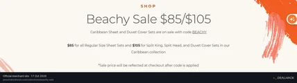 Screenshot of The Original PeachSkinSheets's website on Oct 17, 2026 showing the "Shop Caribbean Collection Sheet Sets From $85" offer