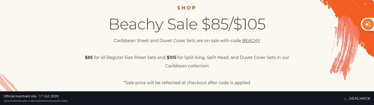 Screenshot of The Original PeachSkinSheets's website on Oct 17, 2026 showing the "Shop Caribbean Collection Sheet Sets From $85" offer