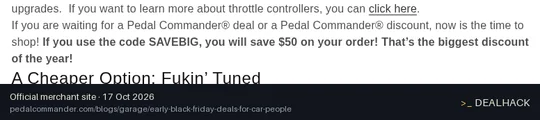 Screenshot of Pedal Commander's website on Oct 17, 2026 showing the "Save $50 on Pedal Commander Orders" offer