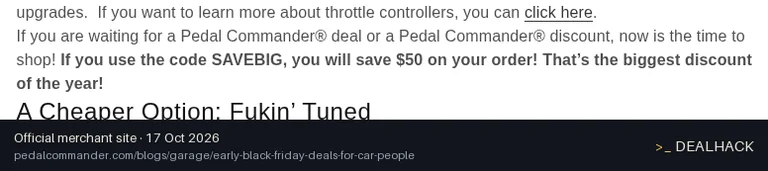 Screenshot of Pedal Commander's website on Oct 17, 2026 showing the "Save $50 on Pedal Commander Orders" offer