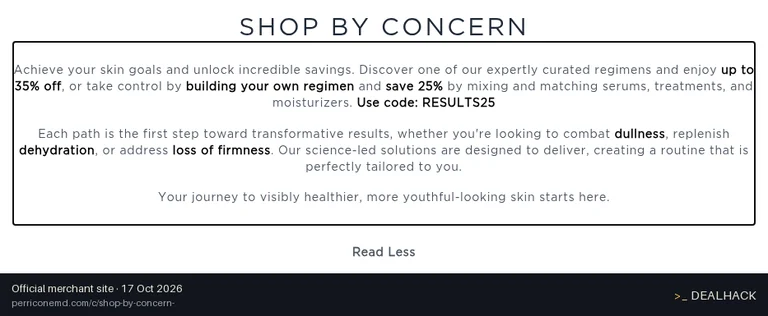 Screenshot of Perricone MD's website on Oct 17, 2026 showing the "Save 25% on Mix-and-Match Skincare" offer