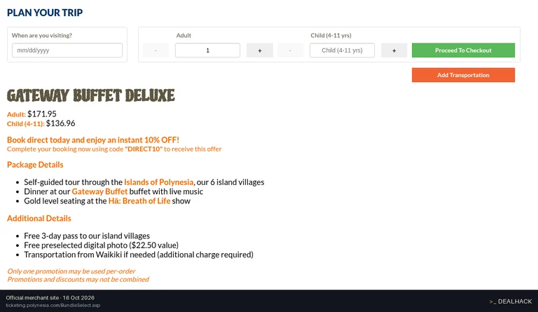 Screenshot of Polynesian Cultural Center's website on Oct 16, 2026 showing the "Save 10% on the Gateway Buffet Deluxe Package" offer