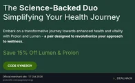 Screenshot of Prolon's website on Oct 17, 2026 showing the "15% Off Prolon & Lumen With SYNERGY Code" offer