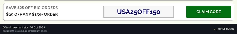 Screenshot of Proud Patriots's website on Oct 16, 2026 showing the "Get $25 Off Orders of $150+" offer